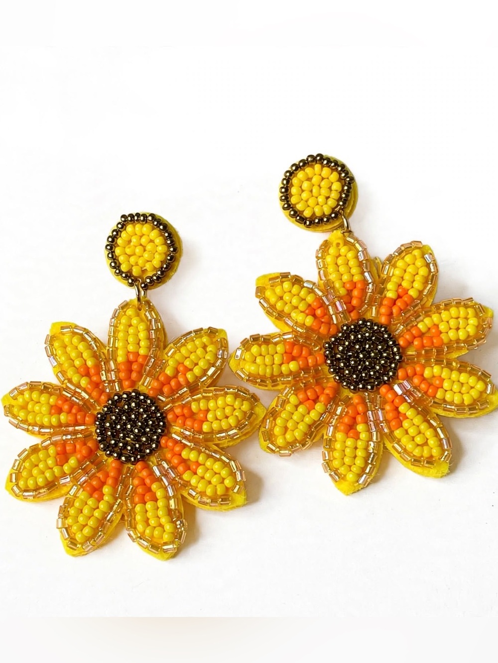 Sunflower seed bead earrings. 2 1/2” lightweight handcrafted post earrings.